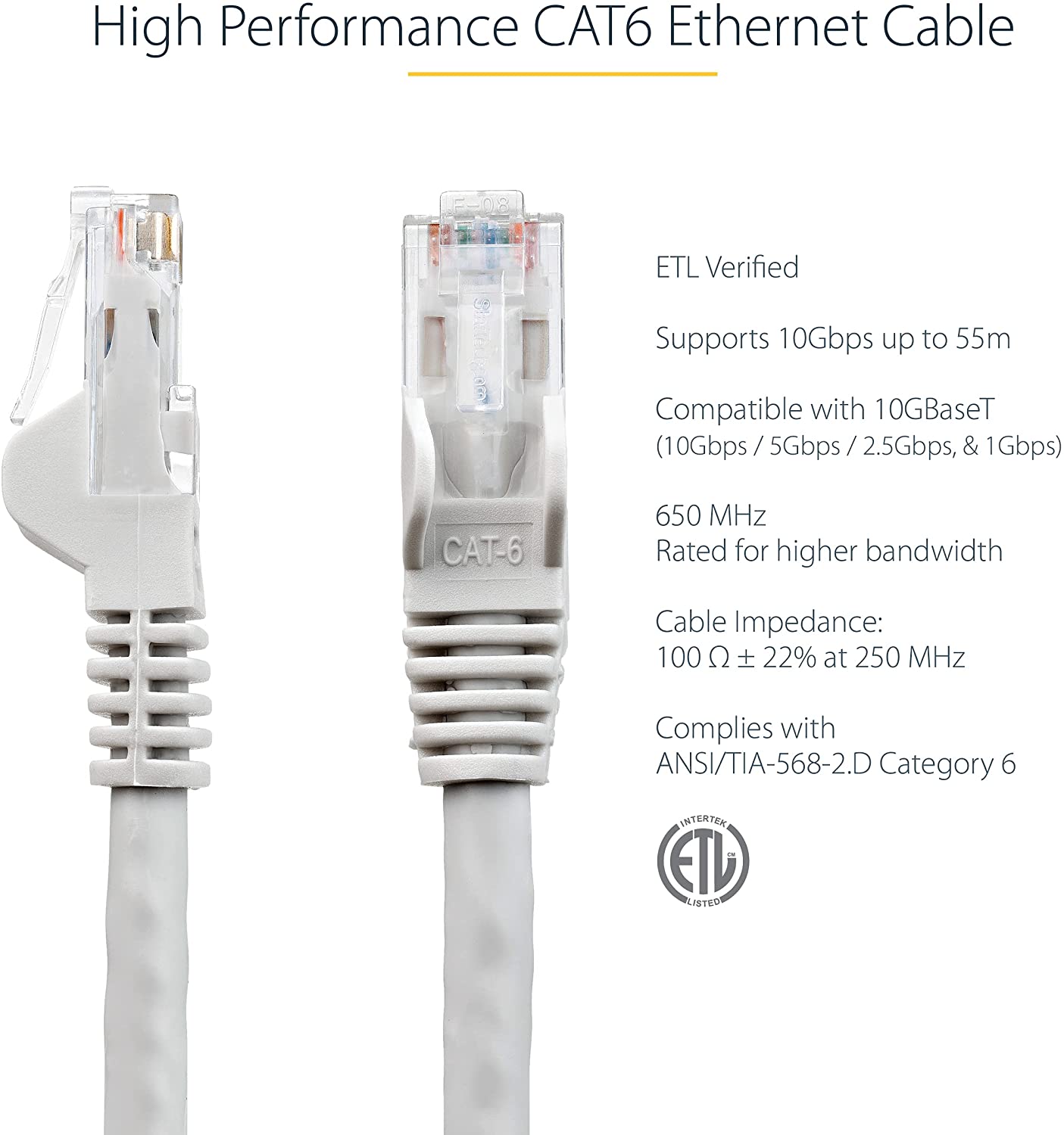 StarTech.com 15ft CAT6 Ethernet Cable - Gray CAT 6 Gigabit Ethernet Wire -650MHz 100W PoE RJ45 UTP Network/Patch Cord Snagless w/Strain Relief Fluke Tested/Wiring is UL Certified/TIA (N6PATCH15GR) Gray 15 ft / 4.5 m 1 Pack