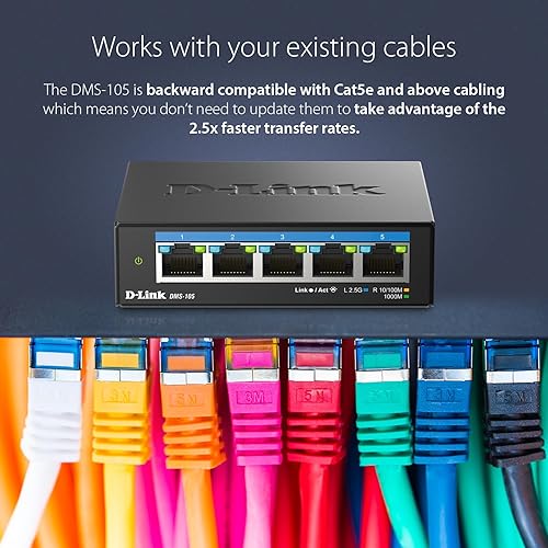 D-Link 5-Port 2.5GB Unmanaged Gaming Switch with 5 x 2.5G - Multi-Gig, Network, Fanless, Plug & Play (DMS-105) Black