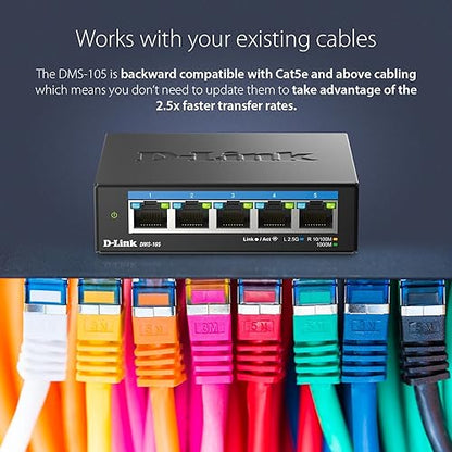 D-Link 5-Port 2.5GB Unmanaged Gaming Switch with 5 x 2.5G - Multi-Gig, Network, Fanless, Plug & Play (DMS-105) Black