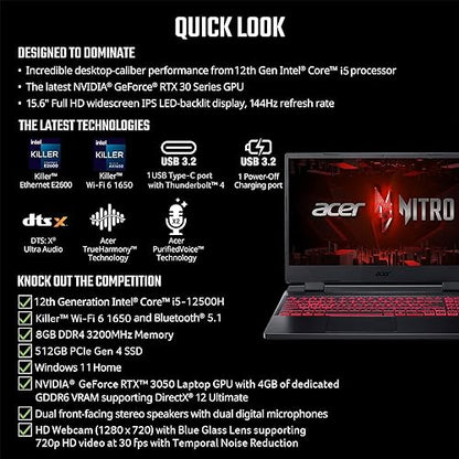 Acer Nitro 5 Gaming Laptop 15.6 FHD IPS 144Hz Display Intel i5-12450H | RTX 3050 | 8GB RAM | 512GB SSD | Windows 11 Home (1 yr Manufacturer Warranty)