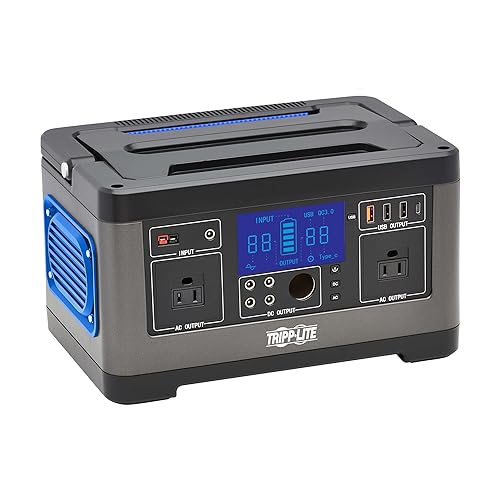 Tripp Lite Portable Lithium-Ion Power Station, 500W Sine Wave AC & DC Outputs, Solar Option, 2 NEMA 5-15R Outlets, 1 USB-C & 3 USB-A Ports, 4 DC Plugs, 1 Cigarette Lighter, 2-Year Warranty (GC500L)