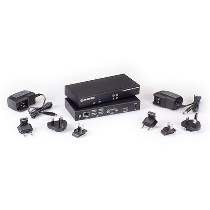 Black Box KVXLCH-100 Video Extender Transmitter/Receiver - 1 Input Device - 1 Output Device - 328 ft Range - 2 x Network (RJ-45) - 5 x USB - 1 x HDMI In - 2 x HDMI Out - 4K UHD - 3840 x 2160 - Twisted Pair - Category 6 - Desktop - TAA Compliant