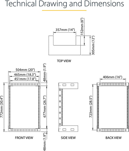 StarTech.com 15U 19" Wall Mount Network Rack - 12" Deep 2 Post Open Frame Server Room Rack for Data/AV/IT/Computer Equipment/Patch Panel with Cage Nuts &amp; Screws 200lb Capacity, Black (RK15WALLO) 15U Rack