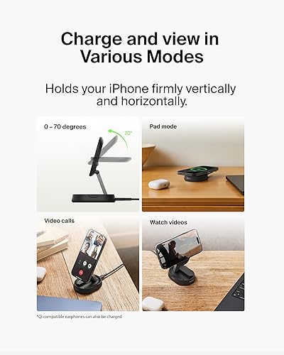 Belkin Convertible Magnetic Charging Stand 15W - MagSafe-Compatible Fast Qi2 Charger, iPhone Charger for Apple iPhone 16, 16 Plus, 16 Pro, 16 Pro Max, iPhone 15 & 14, Apple Airpods Pro, & More - Black Black Pad/Stand