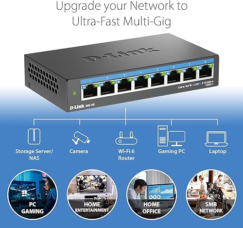 D-Link 8-Port 2.5GB Unmanaged Gaming Switch with 8 x 2.5G - Multi-Gig, Network, Fanless, Plug & Play (DMS-108) Black