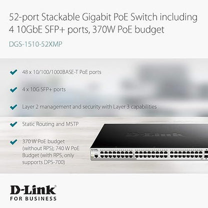 D-Link 48-Port Gigabit Stackable Smart Managed PoE Switch with 4 10GbE SFP+ Ports, 370W Power Budget 52 Port, 48 POE 370W, 4 SFP+