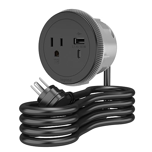 Round Power Strip by Wiremold, Power Strip with USB, Under Desk Power Strip, Mountable Power Strip, Furniture Power Outlet, 15 Amp, 1 Outlet, Type A/C USB, Black, 10 Feet