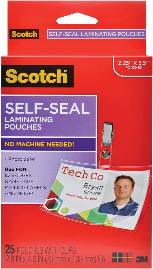 Scotch Self-Sealing Laminating Pouches, ID Protectors Includes Clips, 2.25 Inches x 3.5 Inches, 25 Pouches (LS852G) (Package may vary)