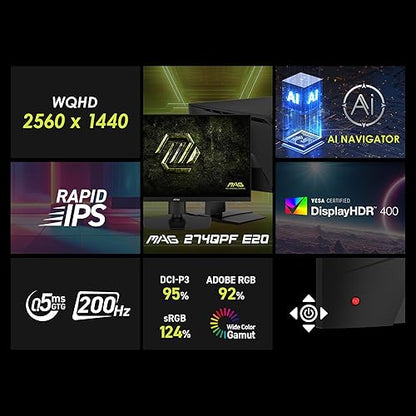 MSI MAG 274QPF E20 27-inch 2560 x 1440 (WQHD) Gaming Monitor, 200Hz, AMD Adaptive-Sync, HDR Ready, HDMI, VGA Port,VESA Mountable, Tilt, 4-Side Slim Bezel, 0.5ms, Black