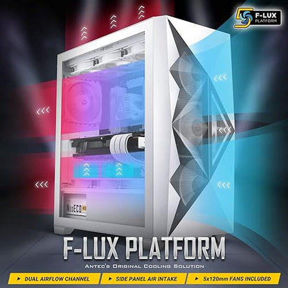 Antec Dark League DF800 Flux White, Flux Platform, 5 x 120 mm Fans Included, ARGB & PWM Fan Controller, Tempered Glass Side Panel, Geometrical Mesh Front, Mid-Tower ATX Gaming Case
