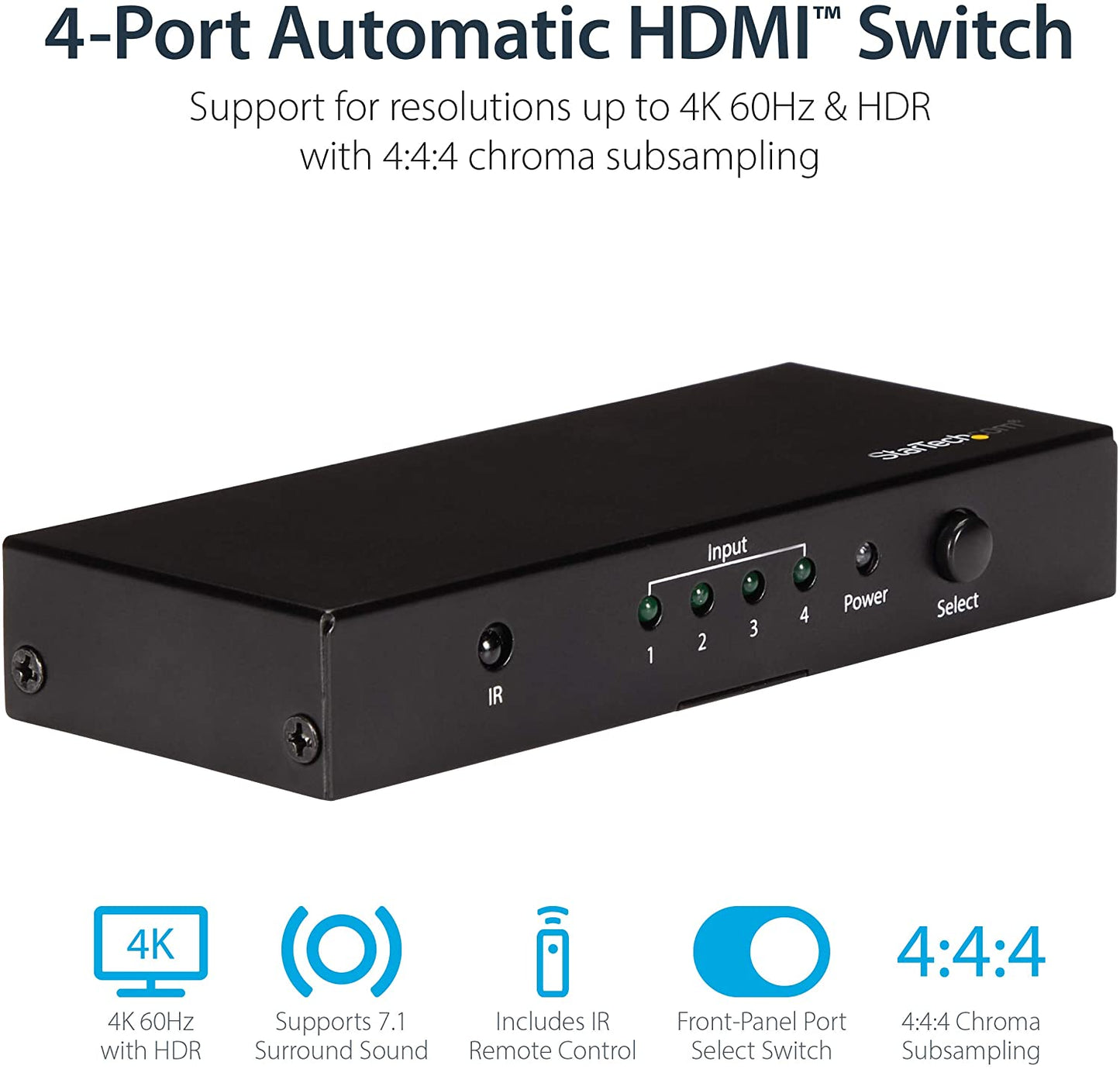 StarTech.com HDMI 2.0 Switch - 4 Port - 4K 60Hz - HDMI Automatic Video Switch Box - Multi Port Hub w/ 1 In 4 Out Functionality (VS421HD20)