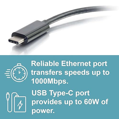 C2G 29749 USB C Adapter and Ethernet Adapter with Power, Black Black Black