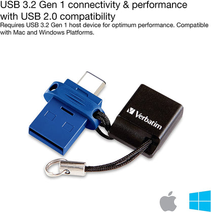 Verbatim Store 'n' Go USB Flash Drive 3.0, Dual USB, USB C and USB A, 16GB, Blue 16 GB