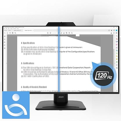 MSI PRO MP272PMG, 24-inch IPS 1920 x 1080 (FHD) Computer Monitor, 120Hz, Webcam, Adaptive-Synch, EPEAT Silver, HDMI, DisplayPort, VGA Port, VESA Mountable, Tilt, Height Adjustable, Speaker, 1ms, Black