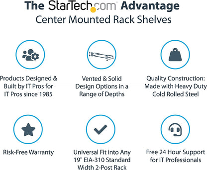 StarTech.com 2-Post Server Rack Shelf - Center Mount - 19 Inch -2U - Black - Supports up to 75 lb. (34 kg) - Vented (CABSHF2POSTV2)