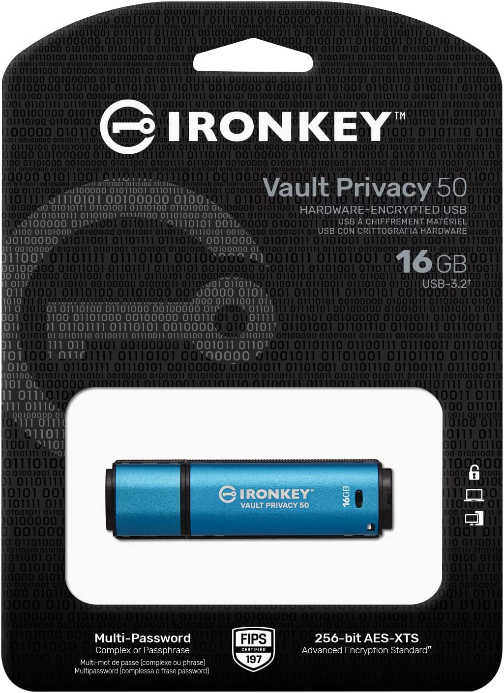 Kingston IronKey Vault Privacy 50 16GB Encrypted USB | FIPS 197 | AES-256bit | BadUSB Attack Protection | Multi-Password Options | IKVP50/16GB