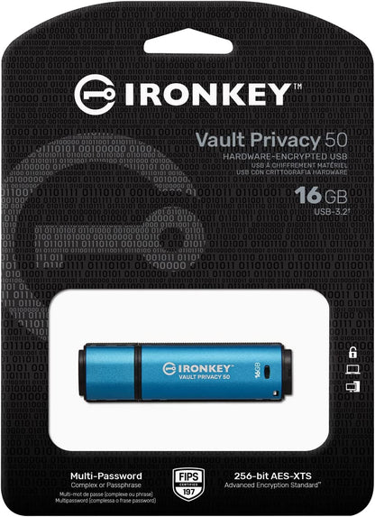 Kingston IronKey Vault Privacy 50 16GB Encrypted USB | FIPS 197 | AES-256bit | BadUSB Attack Protection | Multi-Password Options | IKVP50/16GB