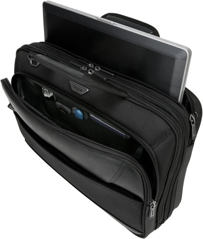 Targus Mobile-VIP Topload Shoulder Bag with Checkpoint-Friendly TSA Screening, Weather Resistant, Dual Main Compartments, Trolley Strap, SafePort Drop Protection for 15.6-Inch Laptop, Black (TBT264)
