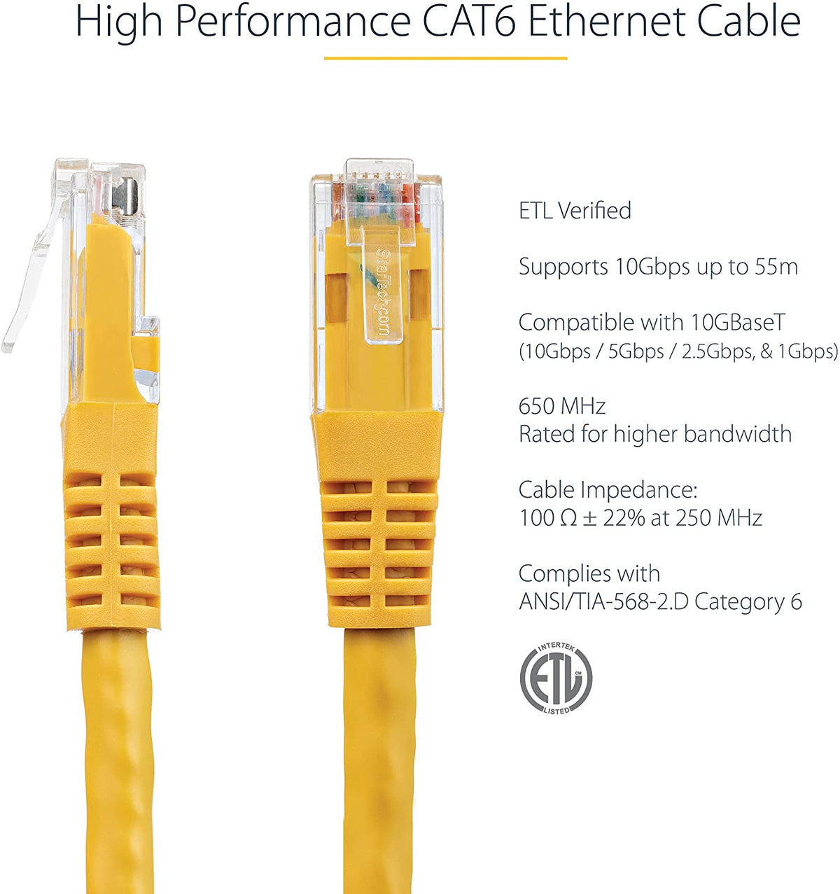 StarTech.com 5ft CAT6 Ethernet Cable - Yellow CAT 6 Gigabit Ethernet Wire -650MHz 100W PoE++ RJ45 UTP Molded Category 6 Network/Patch Cord w/Strain Relief/Fluke Tested UL/TIA Certified (C6PATCH5YL) Yellow 5 ft / 1.5 m 1 Pack