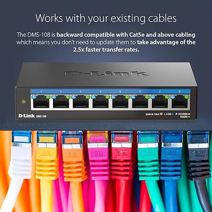 D-Link 8-Port 2.5GB Unmanaged Gaming Switch with 8 x 2.5G - Multi-Gig, Network, Fanless, Plug & Play (DMS-108) Black
