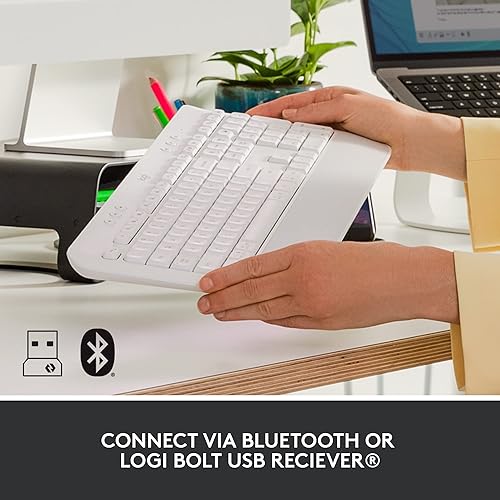 Logitech Signature K650 Comfort Full-Size Wireless Keyboard with Wrist Rest, BLE Bluetooth or Logi Bolt USB Receiver, Deep-Cushioned Keys, Numpad, Compatible with Most OS/PC/Window/Mac - Off White Keyboard Off White