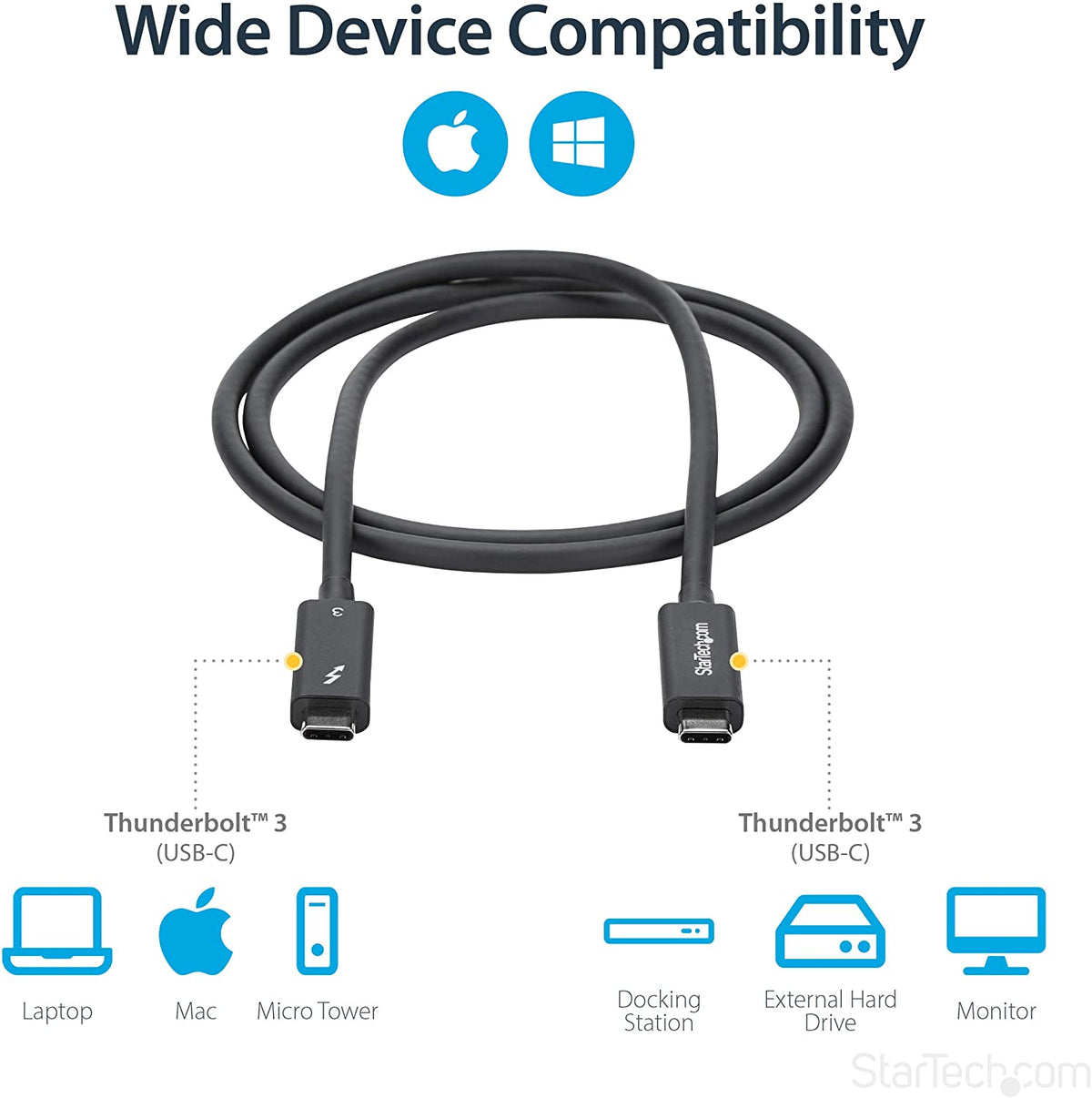 StarTech.com Active 40Gbps Thunderbolt 3 Cable - 3.3ft/1m - Black - 5k 60Hz/4k 60Hz - Certified TB3 Charger Cord w/ 100W Power Delivery (TBLT3MM1MA) 3ft 40Gbps | Black