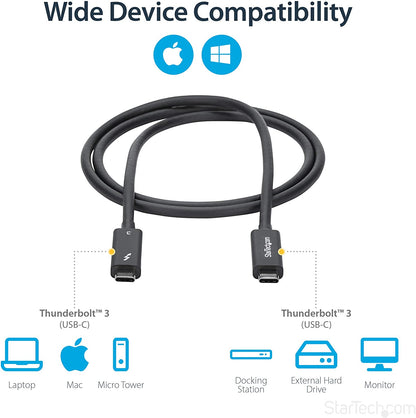 StarTech.com Active 40Gbps Thunderbolt 3 Cable - 3.3ft/1m - Black - 5k 60Hz/4k 60Hz - Certified TB3 Charger Cord w/ 100W Power Delivery (TBLT3MM1MA) 3ft 40Gbps | Black