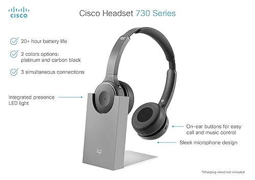 Cisco Headset 730 - Google Assistant, Cortana, Siri - Stereo - USB Type A, Mini-phone (3.5mm) - Wired/Wireless - Bluetooth - 213.3 ft - 32 Ohm - 20 Hz - 20 kHz - On-ear, Over-the-head - Binaural - Ear-cup - Directional, Electret Condenser