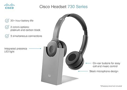 Cisco Headset 730 - Google Assistant, Cortana, Siri - Stereo - USB Type A, Mini-phone (3.5mm) - Wired/Wireless - Bluetooth - 213.3 ft - 32 Ohm - 20 Hz - 20 kHz - On-ear, Over-the-head - Binaural - Ear-cup - Directional, Electret Condenser