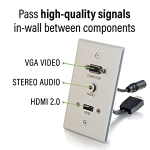 C2g/ cables to go C2G Wall Pass Through For HDMI, VGA, &amp; 3.5mm AUX Cables - Single Gang Wall Plate Includes Flexible HDMI &amp; AUX Pigtail - Brushed Aluminum Design For Sturdy &amp; Stylish Finish - Ideal For Conference Rooms, Model:60144