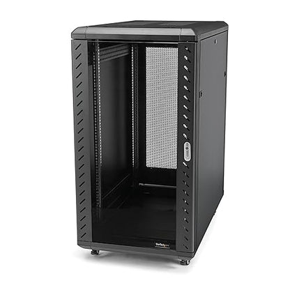 StarTech.com 22U Server Rack Cabinet with Secure Locking Door & com 16 Outlet Horizontal 1U Rack Mount PDU Power Strip for Network Server Racks - Surge Protection - 120V/15A - 6ft Power Cord 22U Cabinet + Power Strip (16 Outlets)