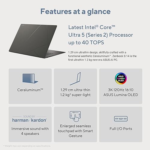 ASUS Zenbook S 14, Next-Level AI PC, 14” Ultrathin Laptop, 3K 120Hz OLED Touchscreen, Intel Core™ Ultra 7 (Series 2) Processor, 16GB Memory, 1TB SSD, Wi-Fi 7, Zumaia Gray, UX5406SA-DH71T-CB