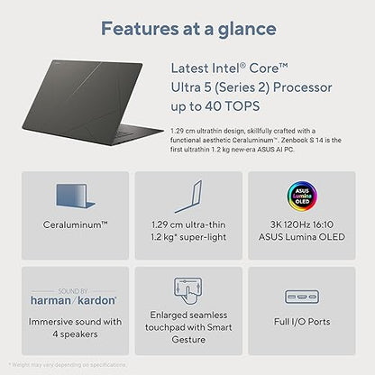 ASUS Zenbook S 14, Next-Level AI PC, 14” Ultrathin Laptop, 3K 120Hz OLED Touchscreen, Intel Core™ Ultra 7 (Series 2) Processor, 16GB Memory, 1TB SSD, Wi-Fi 7, Zumaia Gray, UX5406SA-DH71T-CB
