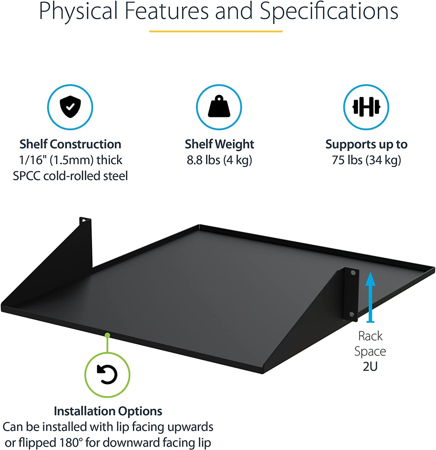 StarTech.com 2U 19" 2-Post Network Rack Cabinet Shelf - 20in Deep Center Mount Cantilever Tray Rackmount Shelf for AV/Data Equipment Enclosure w/Cage Nuts &amp; Screws 75lb Weight Capacity (CABSHF2POST2)