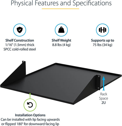 StarTech.com 2U 19" 2-Post Network Rack Cabinet Shelf - 20in Deep Center Mount Cantilever Tray Rackmount Shelf for AV/Data Equipment Enclosure w/Cage Nuts &amp; Screws 75lb Weight Capacity (CABSHF2POST2)