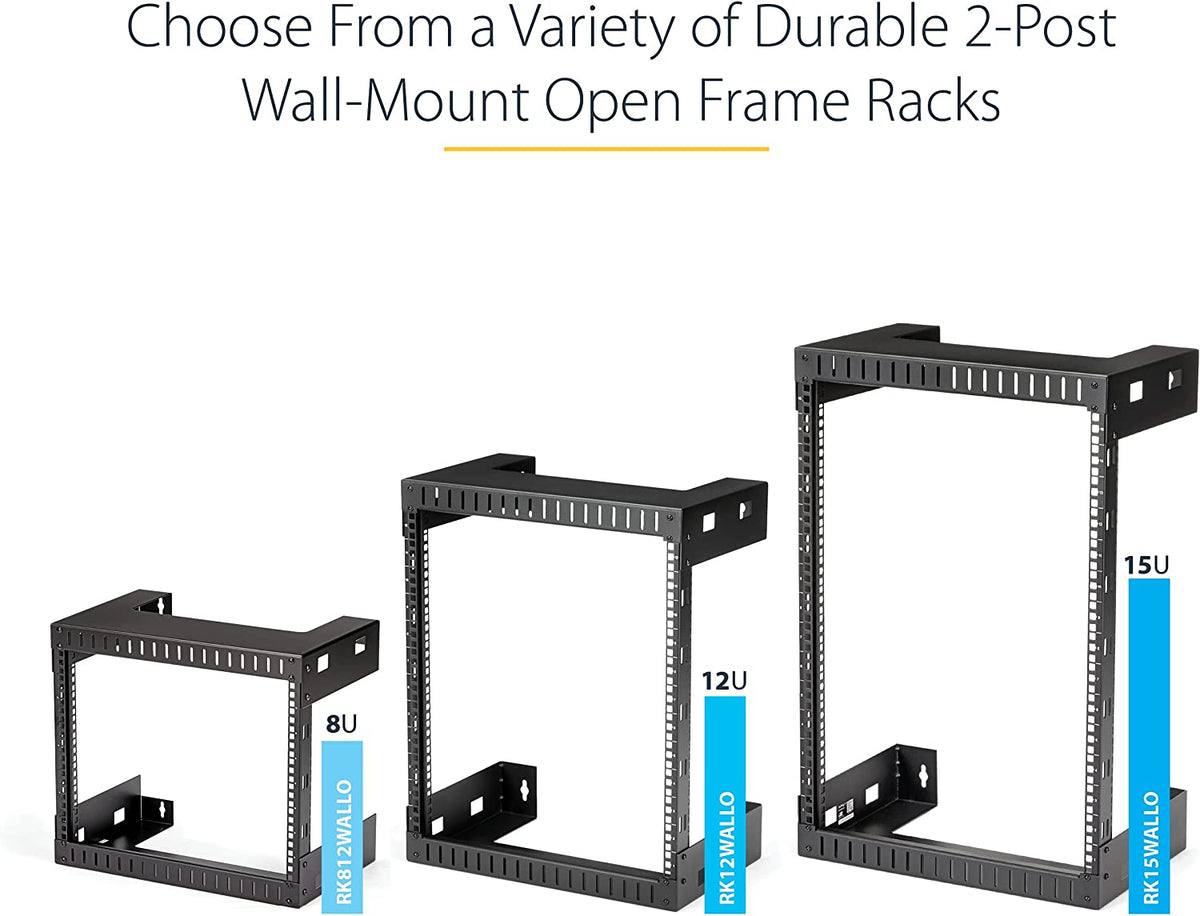StarTech.com 12U 19" Wall Mount Network Rack - 12" Deep 2 Post Open Frame Server Room Rack for Data/AV/IT/Computer Equipment/Patch Panel with Cage Nuts &amp; Screws 200lb Capacity, Black (RK12WALLO) 12U Rack