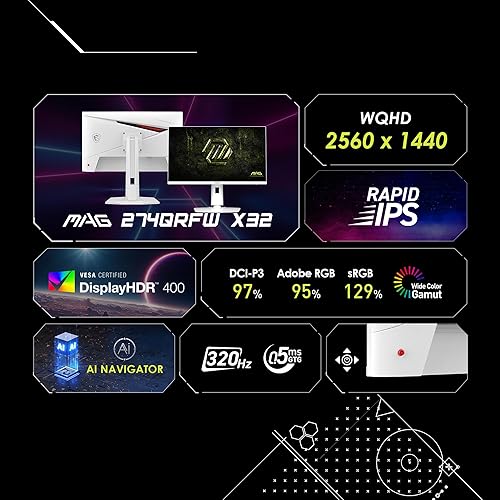 MSI MAG 274QRFW X32 27-inch 2560 x 1440 (QHD) Gaming Monitor, 320Hz, Adaptive-Synch, HDR Ready, HDMI, VGA Port,VESA Mountable, Tilt, 4-Side Slim Bezel, 0.5ms, White