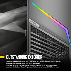 Antec Dark Phantom Series DP31 Mini-Tower M-ATX Gaming Case, Claw-Shaped Air Intakes, ARGB Strip, Magnetic Tempered Glass Side Panel,Black,0-761345-80038-9