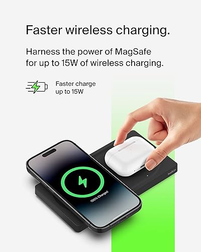 Belkin 2-in-1 Wireless Charging Pad with MagSafe 15W, Fast Charging iPhone Charger - Wireless Charging Station for iPhone 16, 15, 14, and 13 Series, AirPods, and Other MagSafe Enabled Devices - Black Black 2 in 1 Pad