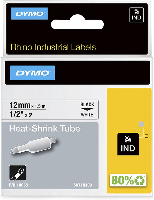 DYMO Industrial Heat Shrink Tubes for DYMO LabelWriter and Industrial Label Makers, Black on White, 1/2", (18055) Black on White 1/2" (12MM)