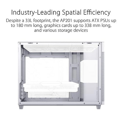 ASUS Prime AP201 White MicroATX Tempered Glass Edition Supports Graphics Cards up to 338mm, 360mm Coolers, & Standard ATX PSUs, Tool-Free Side Panels, Tempered Glass Side & Front Panel USB Type-C