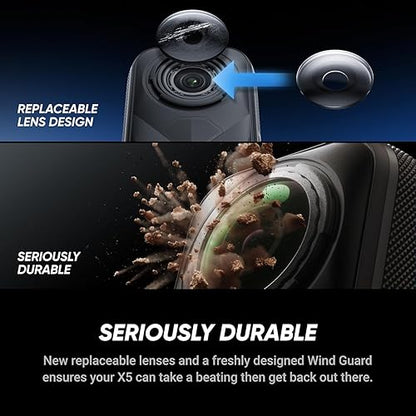 Insta360 X5 - Waterproof 360 Action Camera with 1/1.28" Sensors, 8K 360 HDR Video, 72MP Photo, 4K60fps Single-Lens, Enhanced Low Light Performance, User-Replaceable Upgraded Lenses, 2.5" Touchscreen