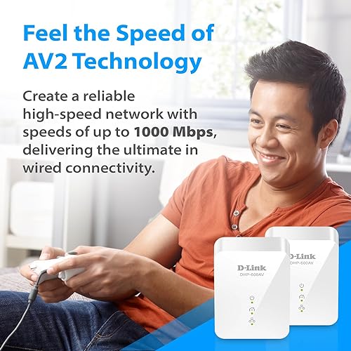 D-Link PowerLine AV2 1000 Gigabit Starter Kit, Turn a power outlet into a Network connection, Up to 1Gbps, Plug and Play, Power Saving Mode, Gigabit Ethernet Ports, Includes 2 Adapters (DHP-601AV)