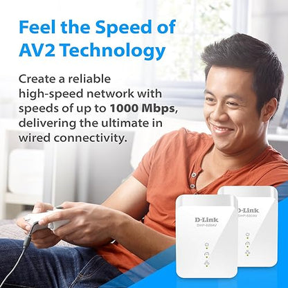 D-Link PowerLine AV2 1000 Gigabit Starter Kit, Turn a power outlet into a Network connection, Up to 1Gbps, Plug and Play, Power Saving Mode, Gigabit Ethernet Ports, Includes 2 Adapters (DHP-601AV)