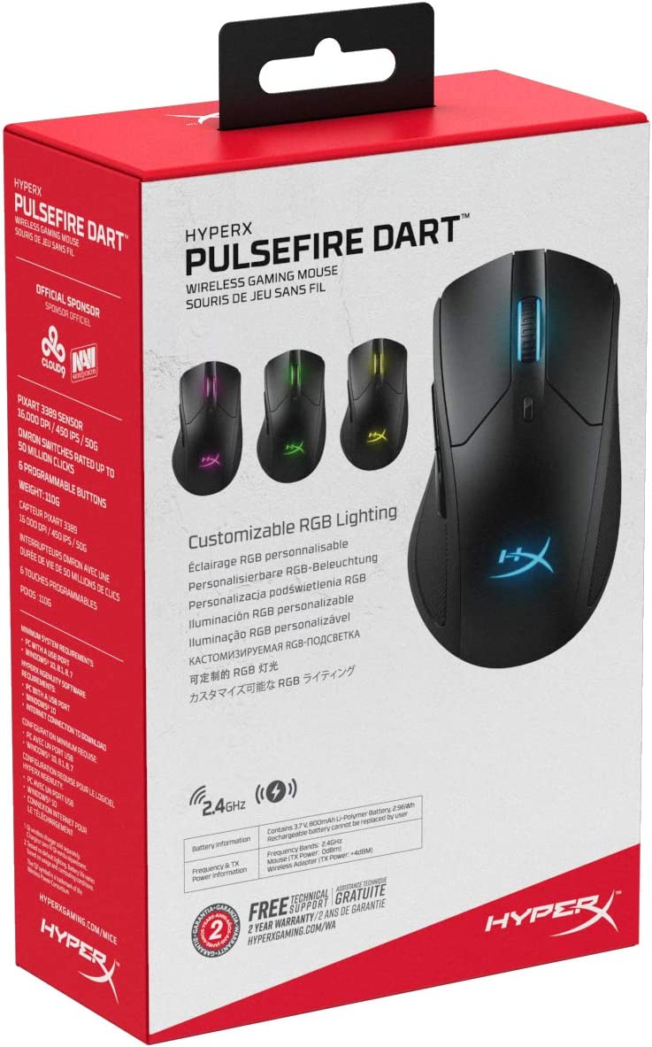 HyperX Pulsefire Dart - Wireless RGB Gaming Mouse, Software-Controlled Customization, 6 Programmable Buttons, Qi-Charging Battery up to 50 hours - PC, PS4, Xbox One Compatible Black Wireless Pulsefire Dart Mouse