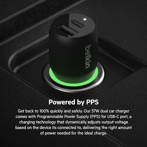 Belkin 37W Dual Port Fast Car Charger with 3.3ft USB-C Cable Included, USB-C 25W PPS Port and USB-A 12W Port for Galaxy S23, S23+, Ultra, Note20, iPhone 14, 13, 12, 11, Pro, Max, Mini and More Dual USB-A & C 37W + USB-C Cable