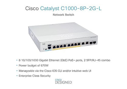 Cisco Catalyst C1000-8P Ethernet Switch - 8 Ports - Manageable - 2 Layer Supported - Modular - Twisted Pair, Optical Fiber