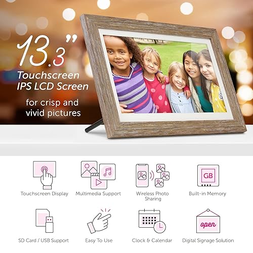 Aluratek 13.3" WiFi Distressed Wood Digital Photo Frame with 16GB Built-in Memory 1280 X 800, 16:9 (ASHDPF13F)