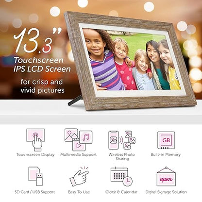 Aluratek 13.3" WiFi Distressed Wood Digital Photo Frame with 16GB Built-in Memory 1280 X 800, 16:9 (ASHDPF13F)