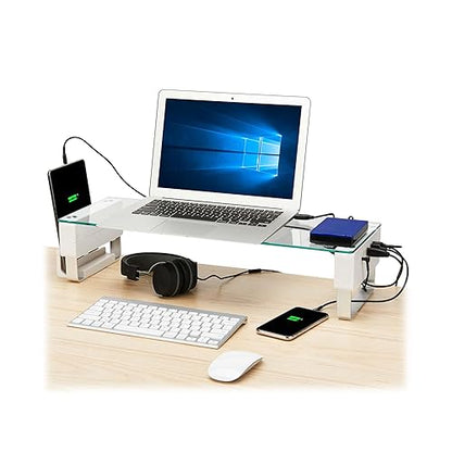 Tripp Lite Monitor Stand with 5 USB Ports & Audio Ports, Glass Top Desk Riser, Adjustable Height, Smartphone Stand | Laptop Computer iMac Stand - Office & Desk Organizer | 5-Year Warranty (MR248USBG)